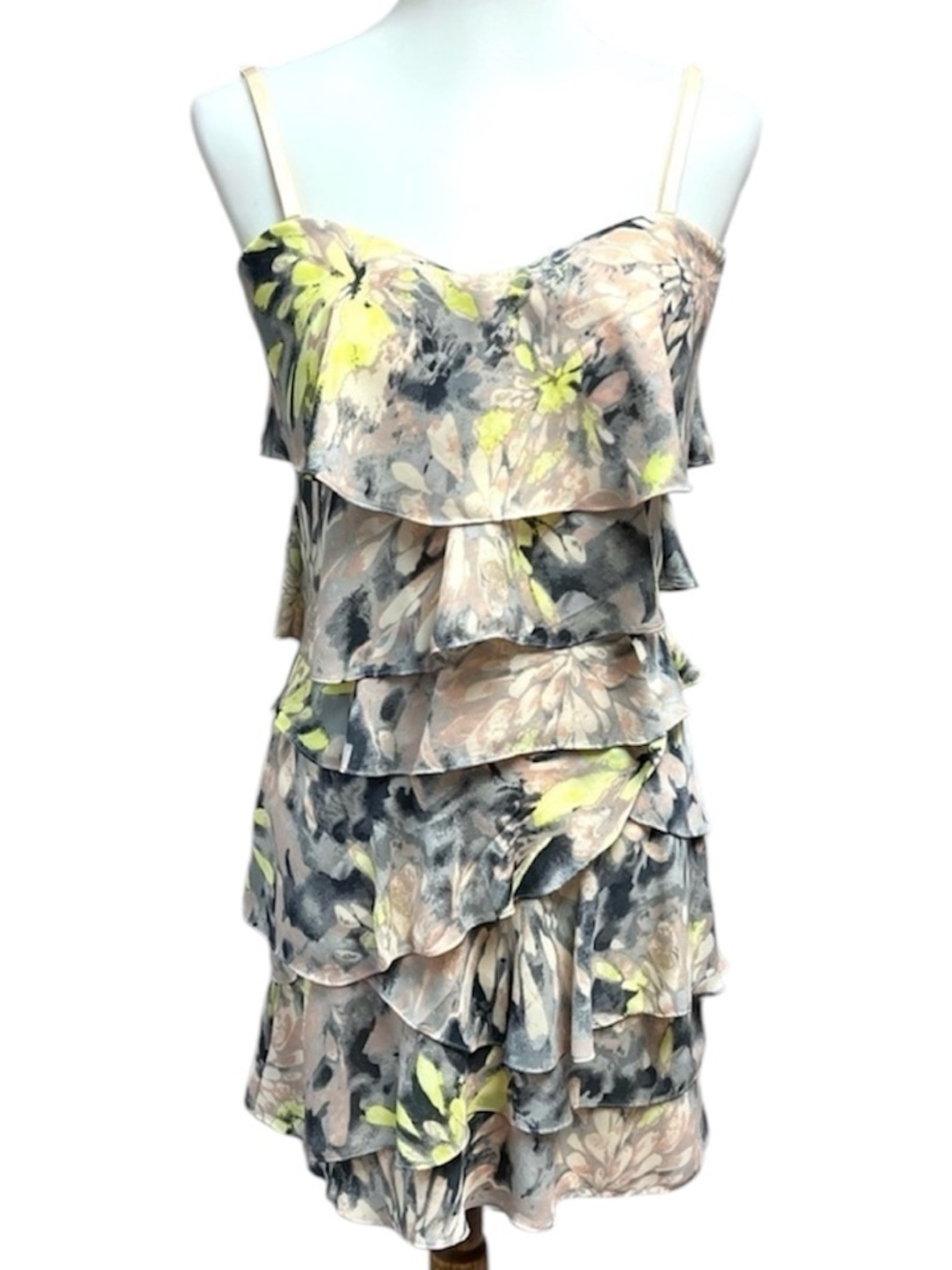 BCBGMaxAzria Floral Ruffle Tiered Dress in Beige, Gray and Yellow